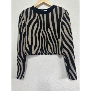 Zara Womens Zebra Print Cropped Knit Sweater Black Beige Shoulder Pads Size S